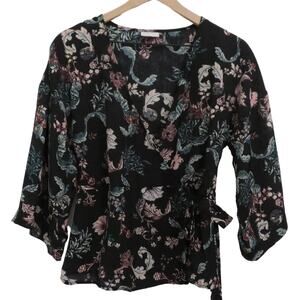 Vila Womens Sz XS Black Pink Green Floral Faux Wrap Blouse V Neck Top
